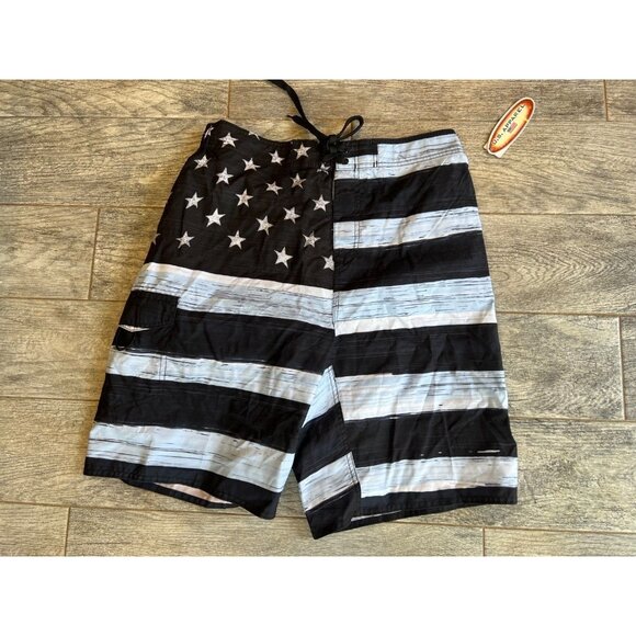NWT US Apparel Swim Trunks Black Old‎ Glory American Flag USA Large Olympics - Picture 1 of 12